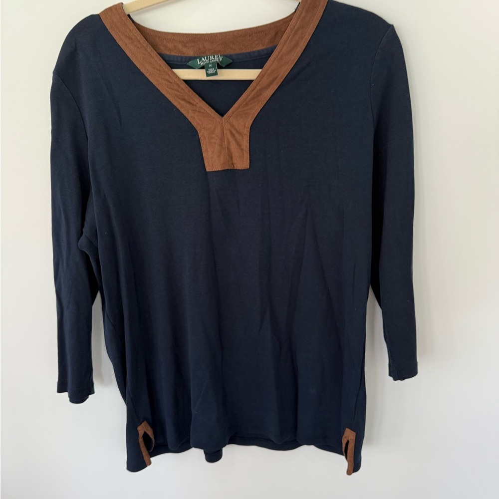 Ralph Lauren Women's Navy and Brown Long Sleeve Top
